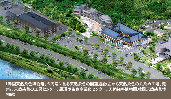 「韓国天然染色博物館」の周辺にある天然染色の関連施設(左から天然染色の糸染め工場、羅州市天然染色の工房センター、親環境染色産業化センター、天然染料植物園,韓国天然染色博物館)