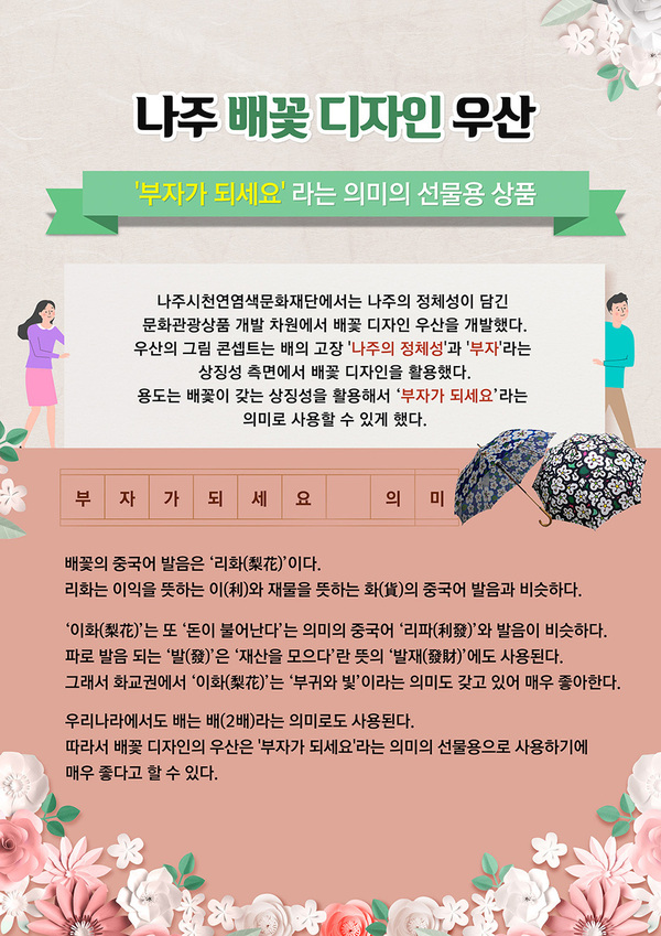 나주 배꽃 디자인 우산 '부자가 되세요'라는 의미의 선물용 상품!!!   나주시천연염색문화재단에서는 나주의 정체성이 담긴 문화관광상품 개발 차원에서 배꽃 디자인 우산을 개발했다.  우산의 그림 콘셉트는 배의 고장 '나주의 정체성'과 '부자'라는 상징성 측면에서 배꽃 디자인을 활용했다.  용도는 배꽃이 갖는 상징성을 활용해서 ‘부자가 되세요’라는 의미로 사용할 수 있게 했다.  ------------------------------------------------  부자가 되세요 의미 :  배꽃의 중국어 발음은 ‘리화(梨花)’이다.   리화는 이익을 뜻하는 이(利)와 재물을 뜻하는 화(貨)의 중국어 발음과 비슷하다.    ‘이화(梨花)’는 또 ‘돈이 불어난다’는 의미의 중국어 ‘리파(利發)’와 발음이 비슷하다. 파로 발음 되는 ‘발(發)’은 ‘재산을 모으다’란 뜻의 ‘발재(發財)’에도 사용된다. 그래서 화교권에서 ‘이화(梨花)’는 ‘부귀와 빛’이라는 의미도 갖고 있어 매우 좋아한다.    우리나라에서도 배는 배(2배)라는 의미로도 사용된다.   따라서 배꽃 디자인의 우산은 '부자가 되세요'라는 의미의 선물용으로 사용하기에 매우 좋다고 할 수 있다.